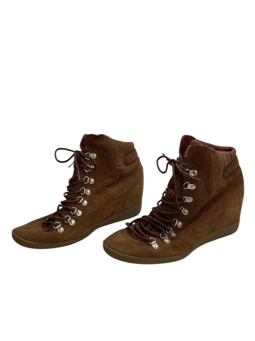 Coach Noelle Chestnut Brown Suede Monogram Wedge Hiking Boots Womens Size 11M